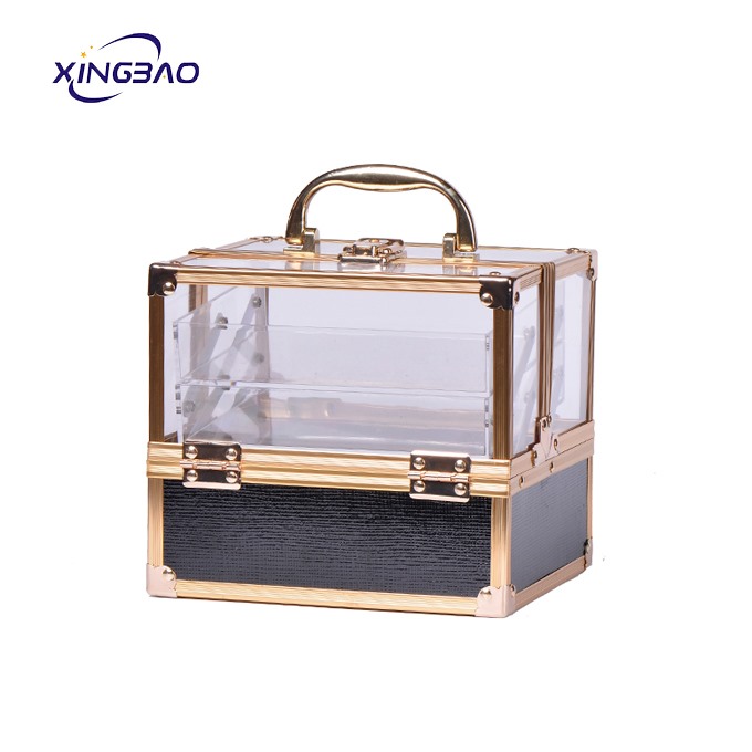 Factory Hot Sale Double Open Rose Gold Beauty Transparent 2 Tray Box Professional Small Acrylic Cosmetic Case