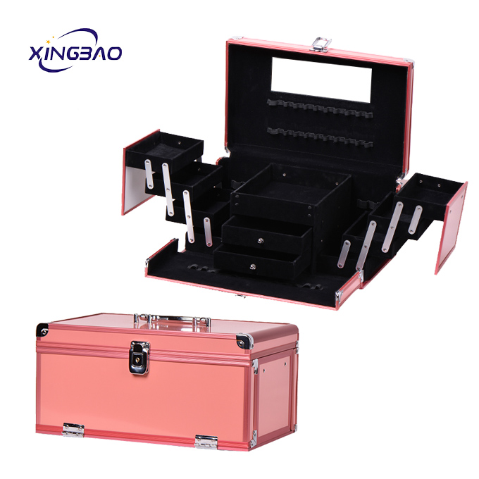 Case Beauty Drawer Smooth Portable Pink Mirror Travel Aluminum Makeup Train Case