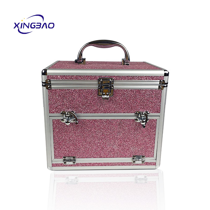 Custom Aluminum Cosmetic Box Shining Drawer Portable Pink Makeup Vanity Case