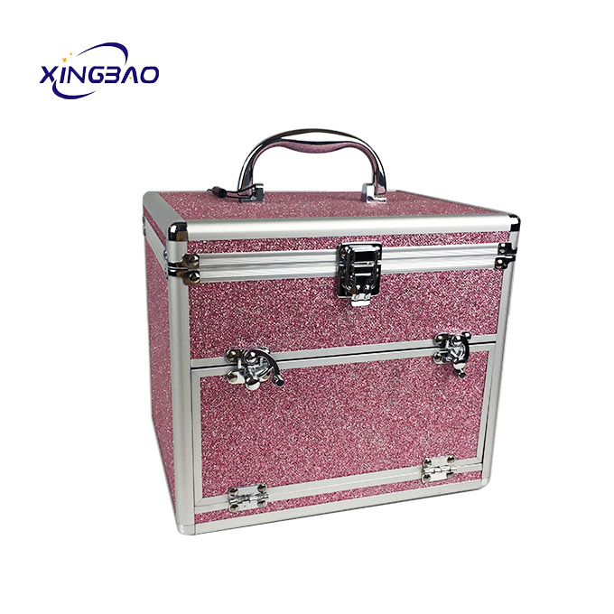 Custom Aluminum Cosmetic Box Shining Drawer Portable Pink Makeup Vanity Case