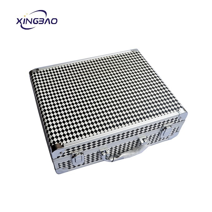 Black And White Plaid Pattern Aluminum Makeup Cosmetic Case With Mirror