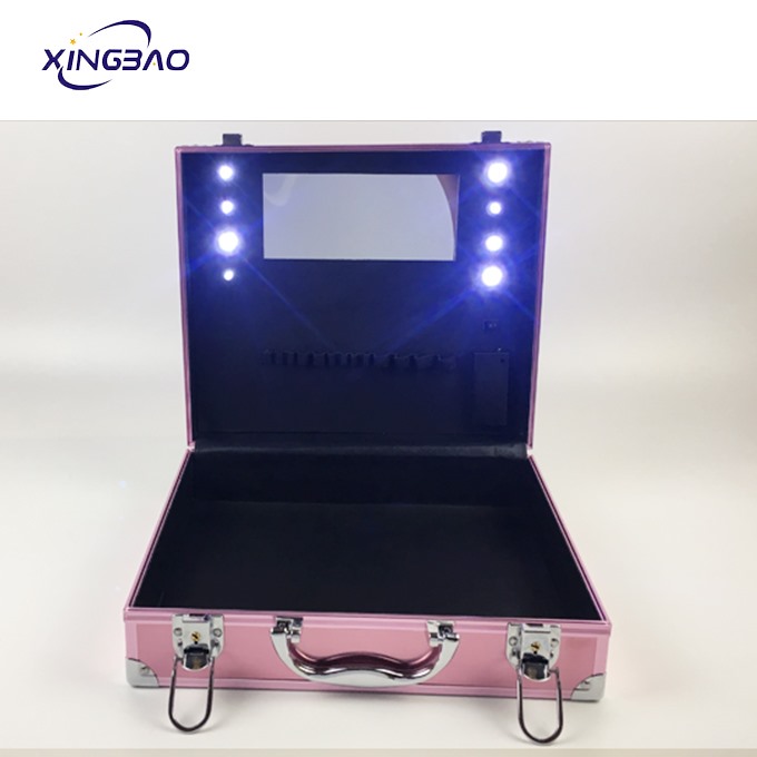 Pink Aluminum Travel Makeup Cosmetic Case With Lights And Mirror