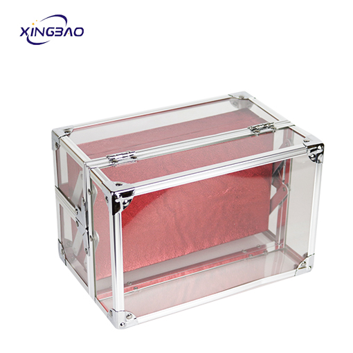 customized Red Double open beauty display  transparent rectangle  clear acrylic cosmetic case
