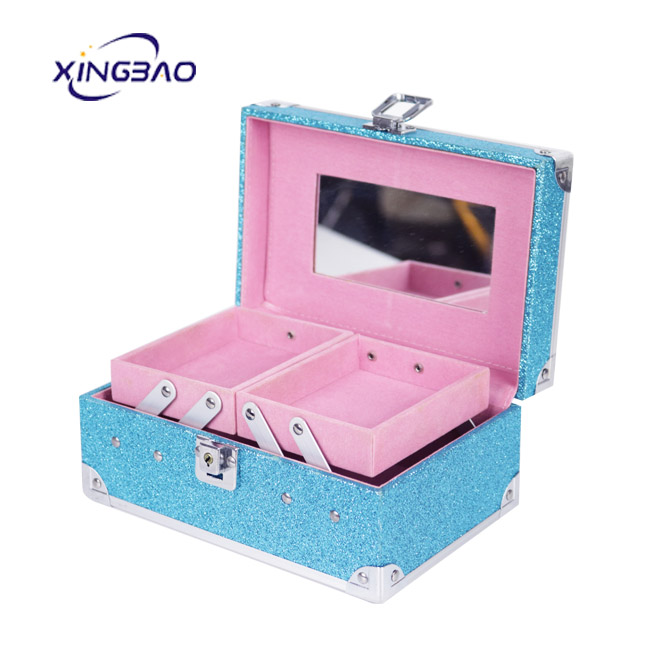 Makeup Aluminum case box Blue flannel Double mini professional rose gold makeup vanity box cosmetic suitcase with lights mirror